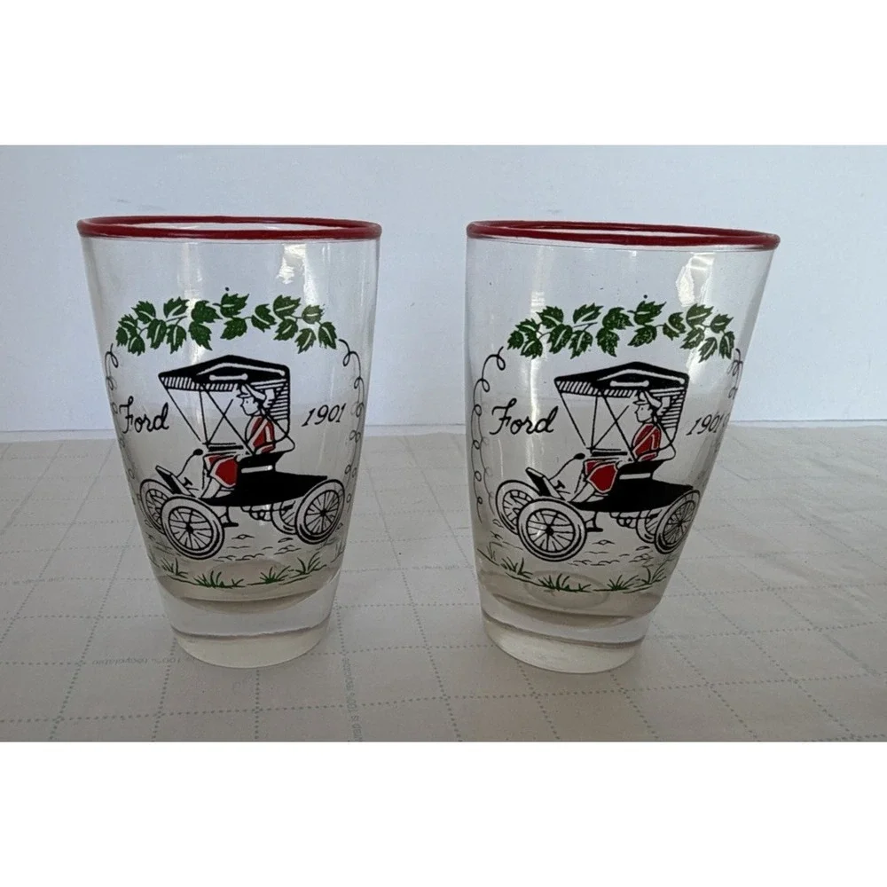 Vintage‎ Libbey Ford Model T Glasses Set 2 Tumblers Automobile Barware